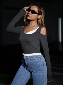 SHEIN Essnce Two Tone Cold Shoulder Tee - Grey - View 2