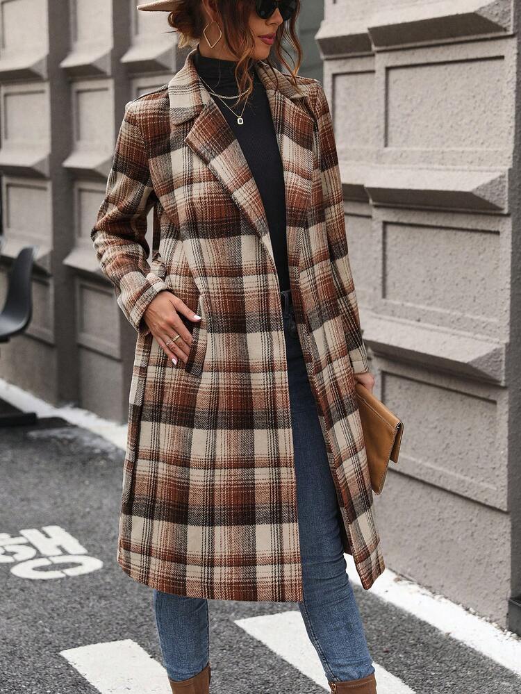 Plaid Print Lapel Neck Belted Overcoat Fall Cloth For Women