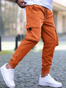 Manfinity Homme Lỏng lẻo Nam Quần Cargo Với Flap túi Và Eo dây rút - trái cam - Xem 3