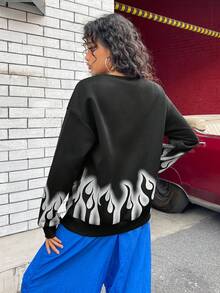 SHEIN Coolane 火和字母圖案落肩袖運動衫 - 黑色 - 查看 2