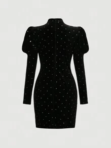 SHEIN MOD 鑲有鑽石細節的膨脹袖絨面連身裙 - 黑色 - 查看 2