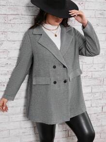 SHEIN LUNE Plus Herringbone Lapel Neck Double Breasted Overcoat - Grey - View 3