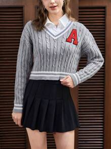 SHEIN EZwear 字母貼布條紋飾邊落肩袖麻花編織板球毛衣不帶襯衫 - 灰色 - 查看 4