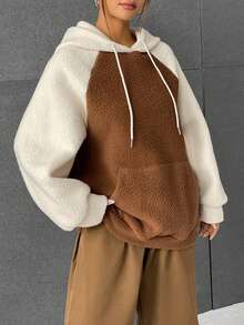 SHEIN EZwear Của phụ nữ Áo nỉ có mũ Với Màu sắc va chạm Và Lông Chất liệu - màu nâu - Xem 6