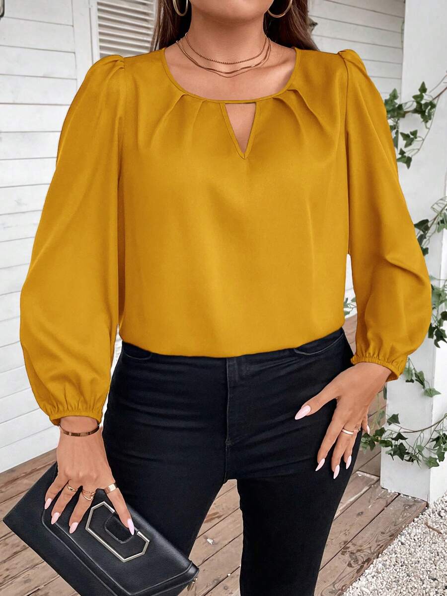 SHEIN Clasi 大碼鎖眼領燈籠袖襯衫 - 黃色 - 查看 1