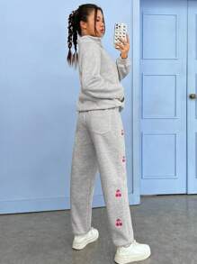 SHEIN EZwear Cherry Graphic Drop Shoulder Sweatshirt & Sweatpants - Grey - View 2
