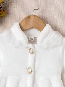 Baby Girl Solid Button Front Contrast Lace Trim Flannel Coat - White - View 6