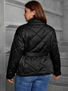 SHEIN Clasi Plus Dual Pocket Belted Quilted Coat - Black - View 3