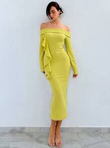 SHEIN Privé כתפיים חשופות שולי קפלים שמלה צמודה - ירוק - ראה 1
