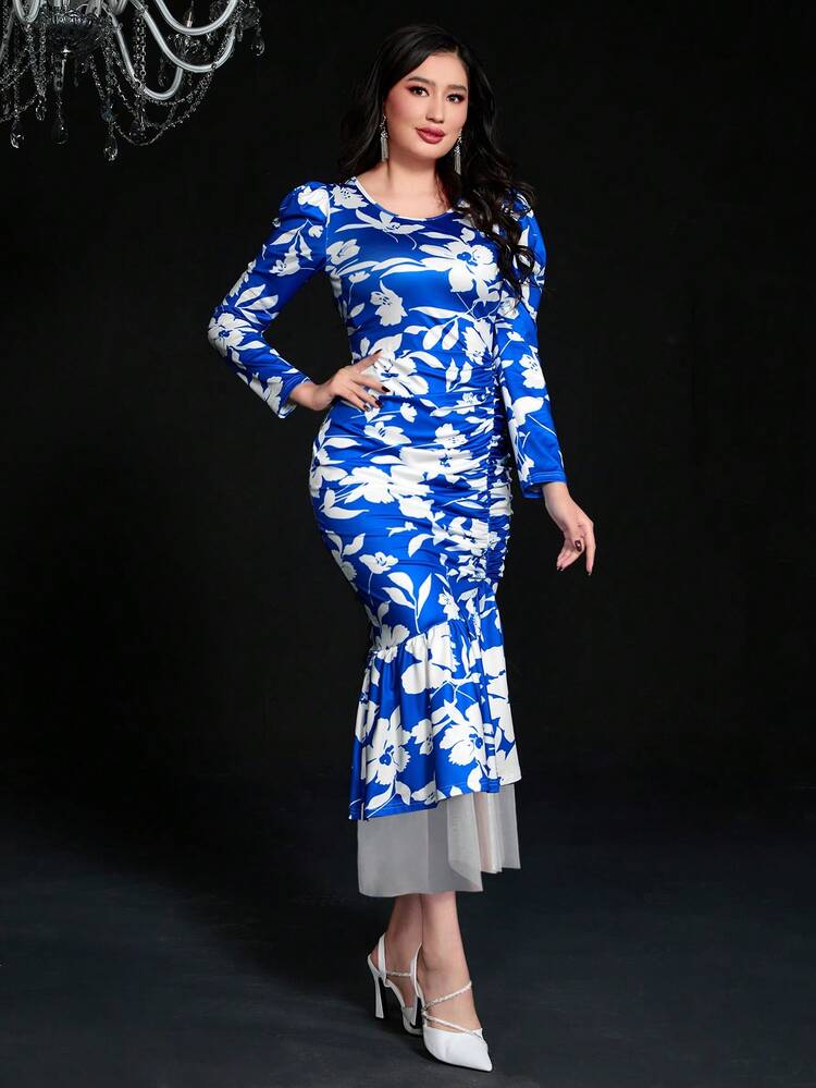 Floral Print Gigot Sleeve Mermaid Hem Dress