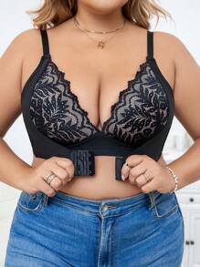 女士大尺碼花邊拼接前扣無鋼圈內衣 - 黑色 - 查看 1