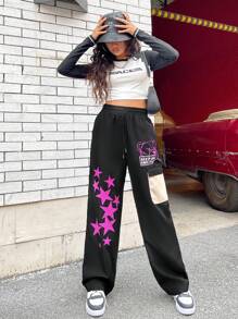 SHEIN Coolane 星星&卡通圖案腰部抽繩工裝褲 - 黑色 - 查看 4