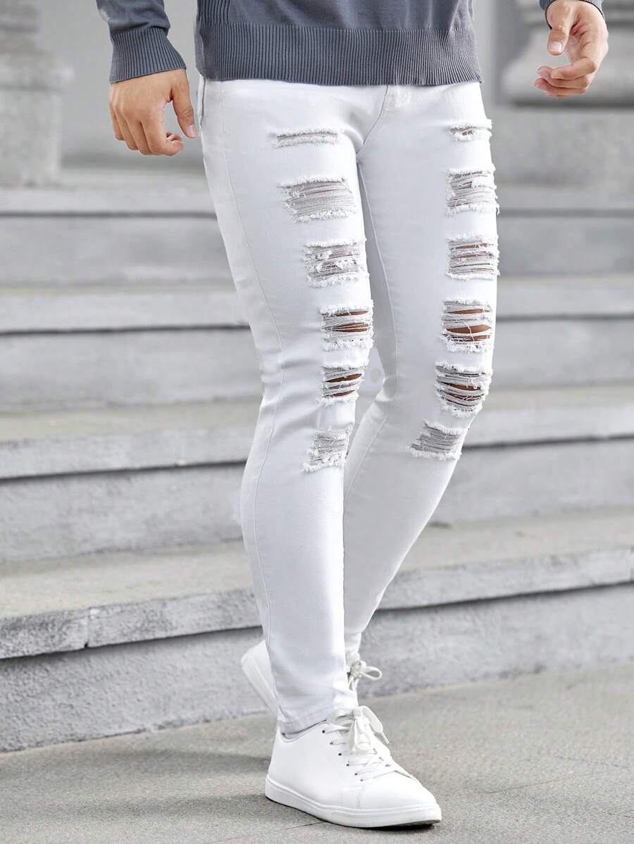 GENTILAND Men Ripped Frayed Skinny Jeans - White - View 1