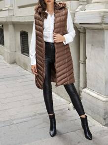 EURMUSE Zip Up Hooded Puffer Vest Coat - Brown - View 5