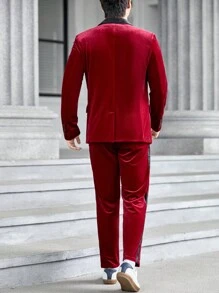 SHEIN 男士拼接面青果領絲絨西裝外套和褲子 - 酒紅色 - 查看 2
