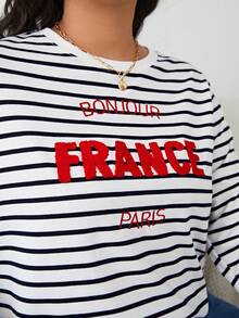 SHEIN Frenchy 大碼條紋印花字母刺繡T恤 - 彩色 - 查看 6