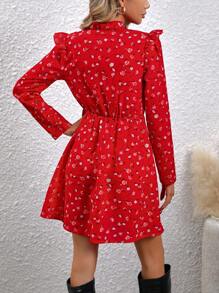 SHEIN LUNE Ditsy Floral Print Tie Neck Ruffle Trim Dress - Red - View 2