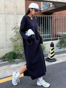 Dazy Star Drop Shoulder Split Hem Hooded Sweater Dress - Navy Blue - View 1