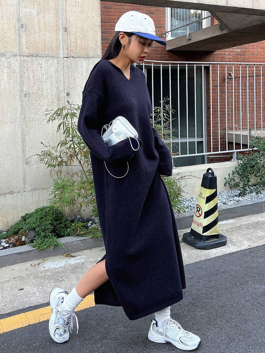 Dazy Star Drop Shoulder Split Hem Hooded Sweater Dress - Navy Blue - View 1