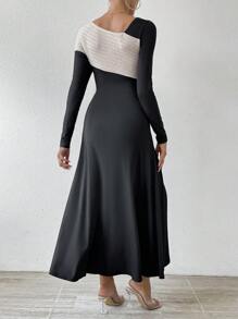 Chiquease 撞色不對稱領A字洋裝 - 黑色 - 查看 3