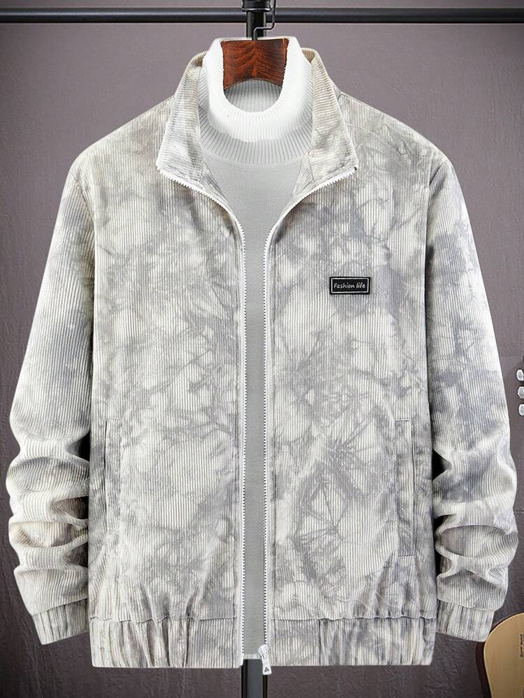 Loose Men's Tie Dye Letter Patch Detail Zipper Jacket Without Inner Fleece , Corduroy