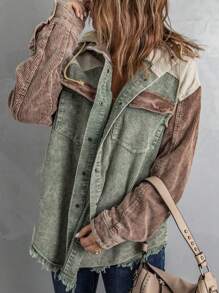 CILKOO Color Block Flap Pocket Drop Shoulder Drawstring Hooded Corduroy Jacket - Green - View 5