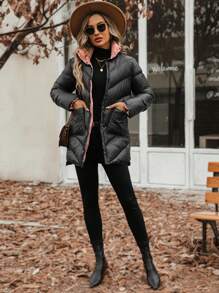 SHEIN LUNE 女式拼接口袋单排扣夹棉大衣 - 黑色 - 查看 5