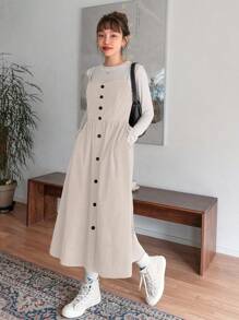DAZY 前紐扣斜口袋燈芯絨背帶洋裝不帶T恤 - 米色 - 查看 1