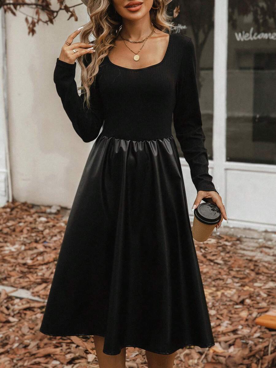 Chiquease Solid Scoop Neck PU Dress - Black - View 1