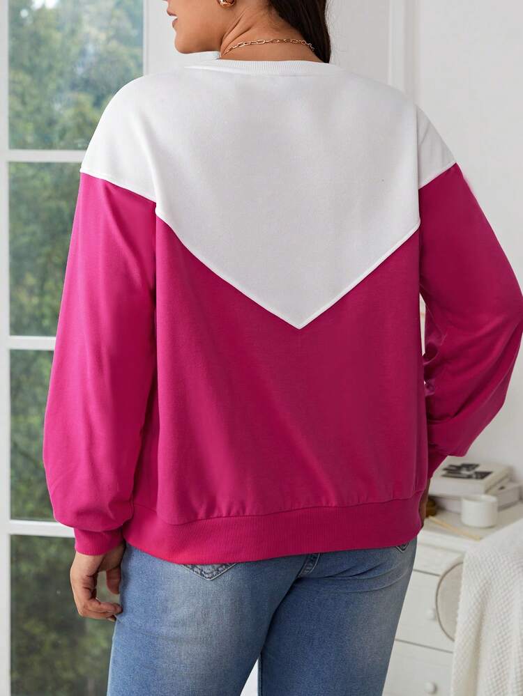 Plus Letter Flocking Two Tone Drop Shoulder Sweatshirt