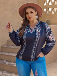 SHEIN VCAY Hơn In hoa Tua Tie cổ Tay áo lồng đèn Áo sơ mi - Nhiều màu - Xem 1