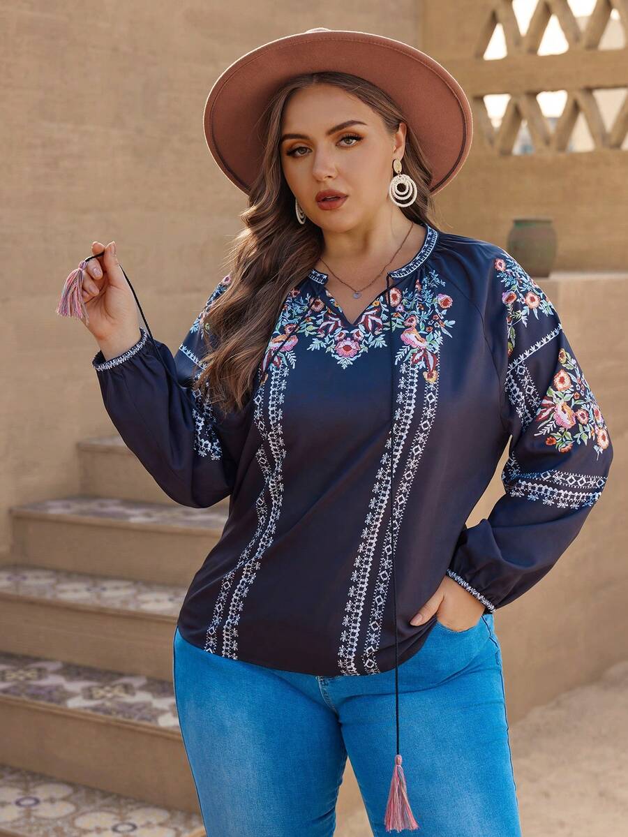 SHEIN VCAY Hơn In hoa Tua Tie cổ Tay áo lồng đèn Áo sơ mi - Nhiều màu - Xem 1