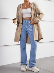 SHEIN Essnce Hai âm Eo dây rút Thả vai Áo trùm đầu - Màu Khaki - Xem 4