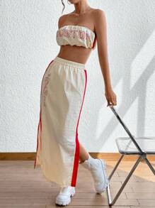 SHEIN Unity Letter Graphic Tube Top & Side Seam Skirt - Apricot - View 3