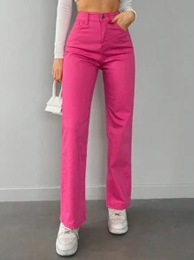 EURMUSE High Waist Straight Leg Jeans Pink - Hot Pink - View 3