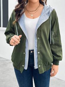 SHEIN LUNE Hơn Khối màu Thả vai Dây rút áo có mũ 2 trong1 Áo khoác - xanh quân đội - Xem 5