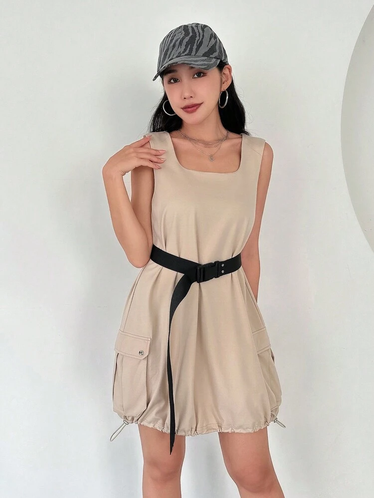 Women's Flip Pocket Drawstring Hem Dress