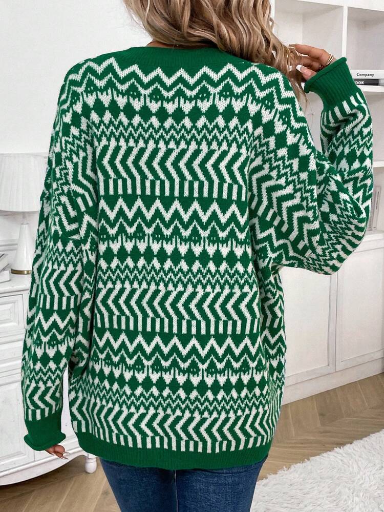 Geo Pattern Drop Shoulder Knit Pullover Fall Winter Sweater