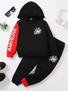 SHEIN Chàng trai trẻ Đồ họa Chữ cái Tay áo tương phản Áo Hoodie & Quần thể thao - Đỏ - Xem 1
