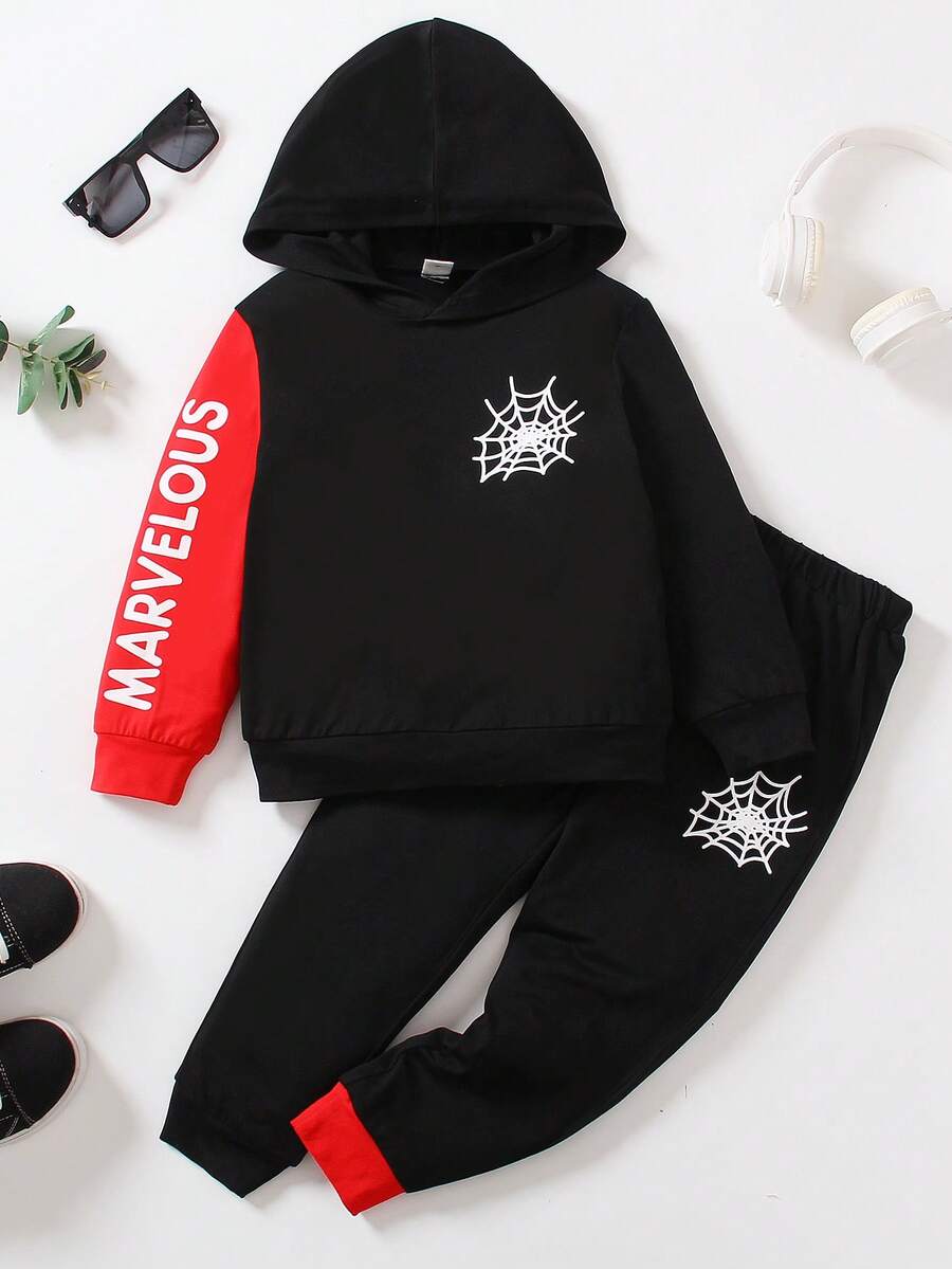 SHEIN Chàng trai trẻ Đồ họa Chữ cái Tay áo tương phản Áo Hoodie & Quần thể thao - Đỏ - Xem 1