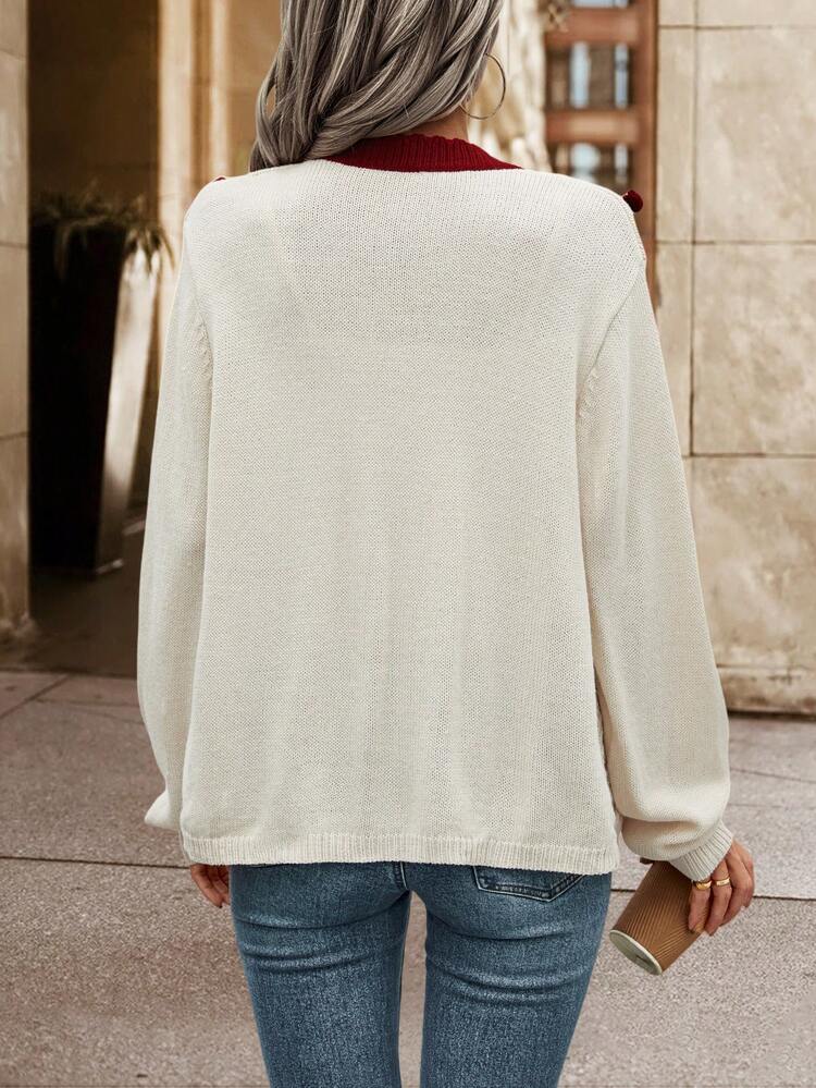 Contrast Trim Pom Pom Detail Button Front Cardigan Fall Cloth For Women