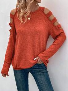 SHEIN LUNE 鏤空插肩袖T恤 - 紅色 - 查看 4