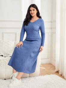 Mulvari Plus Solid V Neck Sweater & Knit Skirt - Blue - View 1