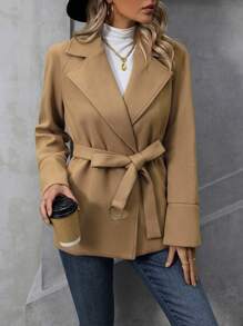 SHEIN Clasi Cổ áo Tay Raglan Mở Mặt trước Thắt lưng Áo khoác - Màu Khaki - Xem 6