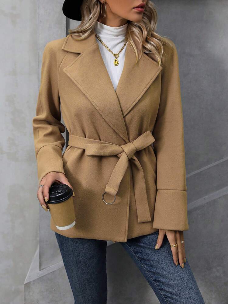 Lapel Neck Raglan Sleeve Open Front Belted Overcoat Fall Cloth For Women