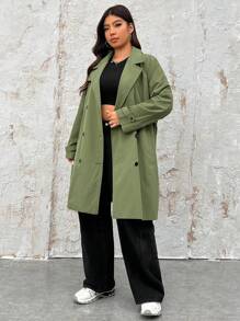 SHEIN EZwear 加翻領雙排扣束帶風衣 - 軍綠色 - 查看 5