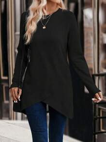 EMERY ROSE Solid Tulip Hem Tee Fall Cloth For Women - Black - View 6