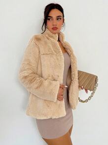 SHEIN Privé Solid Open Front Fuzzy Coat - Camel - View 1