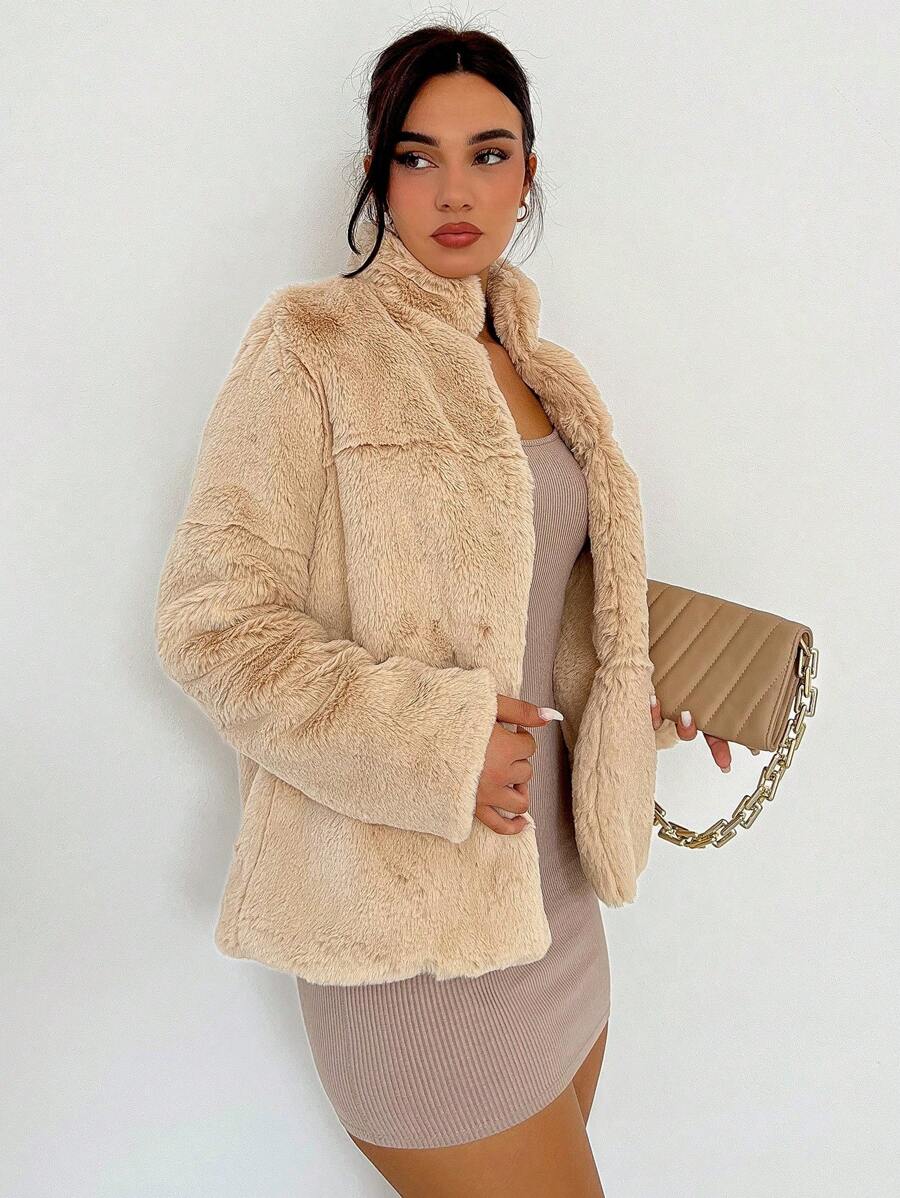 SHEIN Privé Solid Open Front Fuzzy Coat - Camel - View 1