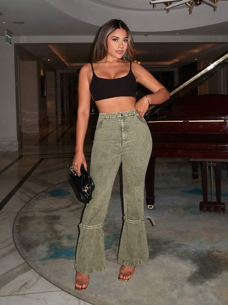 SHEIN SXY กางเกงทรงยีนส์ - สีเขียวขี้ม้า - ดู 1